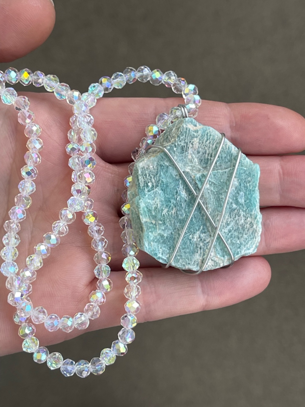 Raw Amazonite Stainless Steel Silver Wire Wrap & White AB Glass Beads Handmade